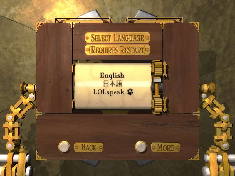 PC ゲーム Cogs 日本語化メモ、Cogs 日本語化ファイルインストール後、ゲームを起動して OPTIONS を選択 → MORE をクリック、SELECT LANGUAGE を English から日本語に変更