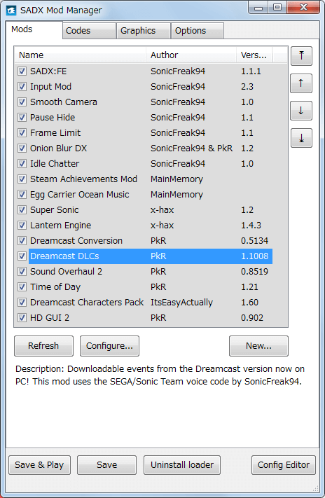Steam 版 Sonic Adventure DX、SADX Mod Manager で Mod 有効化した状態でゲームを起動時の音声が英語になっている場合の変更方法、Dreamcast DLCs がインストールしている場合、Mods タブにある を選択して Configure... ボタンをクリック