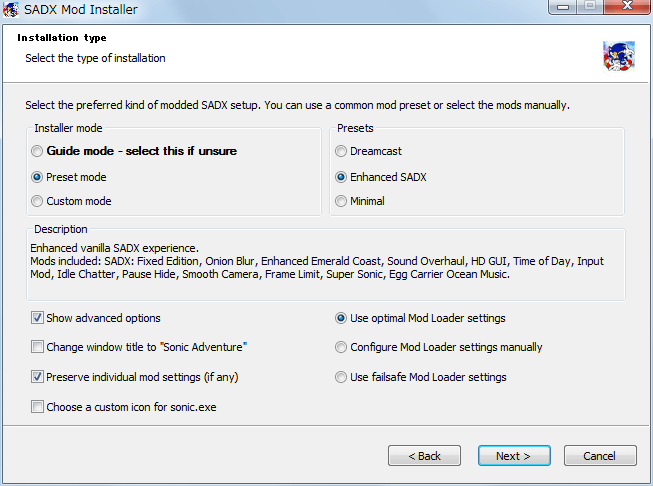 Steam 版 Sonic Adventure DX、SADX Mod Installer web version インストール、Installation type - Installer mode - Preset mode、Presets - Enhanced SADX、Show advanced options - Use optimal Mod Loader settings
