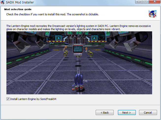 Steam 版 Sonic Adventure DX、SADX Mod Installer web version インストール、Mod selection guide - Install Lantern Engine by SonicFreak94、check（Default）