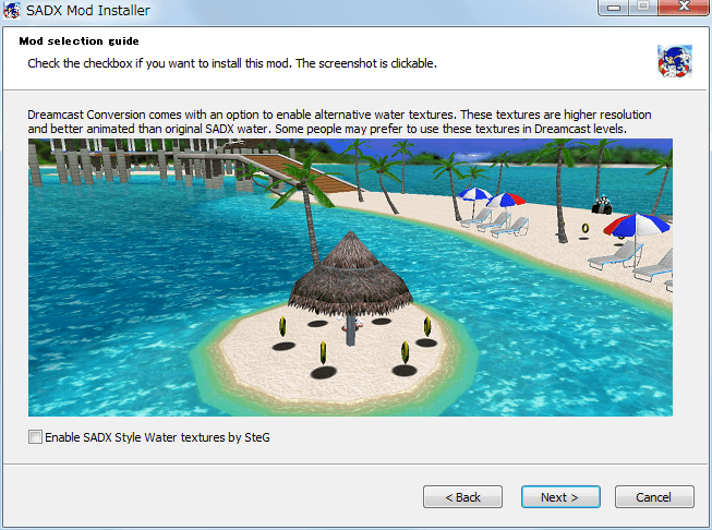 Steam 版 Sonic Adventure DX、SADX Mod Installer web version インストール、Mod selection guide - Enable SADX Style Water textures by SteG、uncheck（Default）