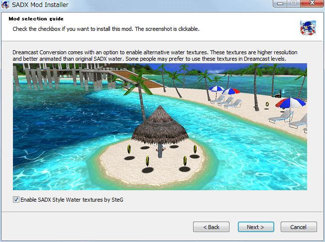 Steam 版 Sonic Adventure DX、SADX Mod Installer web version インストール、Mod selection guide - Enable SADX Style Water textures by SteG、check