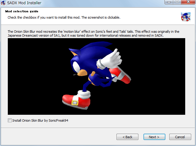 Steam 版 Sonic Adventure DX、SADX Mod Installer web version インストール、Mod selection guide - Install Onion Skin Blur by SonicFreak94、uncheck