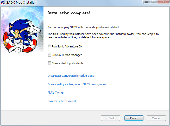 Steam 版 Sonic Adventure DX、SADX Mod Installer web version インストール完了